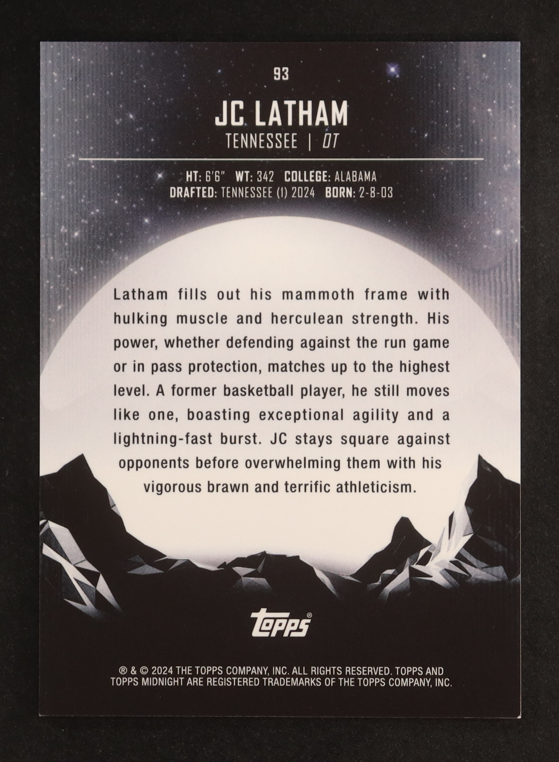 JC Latham 2024 Topps Midnight Equinox #93 #04/20 RC at PristineAuction.com JC Latham 2024 Topps Midnight Equinox #93 #04/20 RC at PristineAuction.com