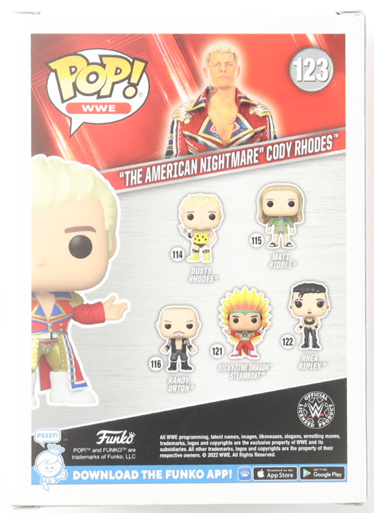 Cody Rhodes Signed "WWE" #123 "The American Nightmare" Cody Rhodes Funko Pop! Vinyl Figure (Fanatics) at PristineAuction.com Cody Rhodes Signed "WWE" #123 "The American Nightmare" Cody Rhodes Funko Pop! Vinyl Figure (Fanatics) at PristineAuction.com