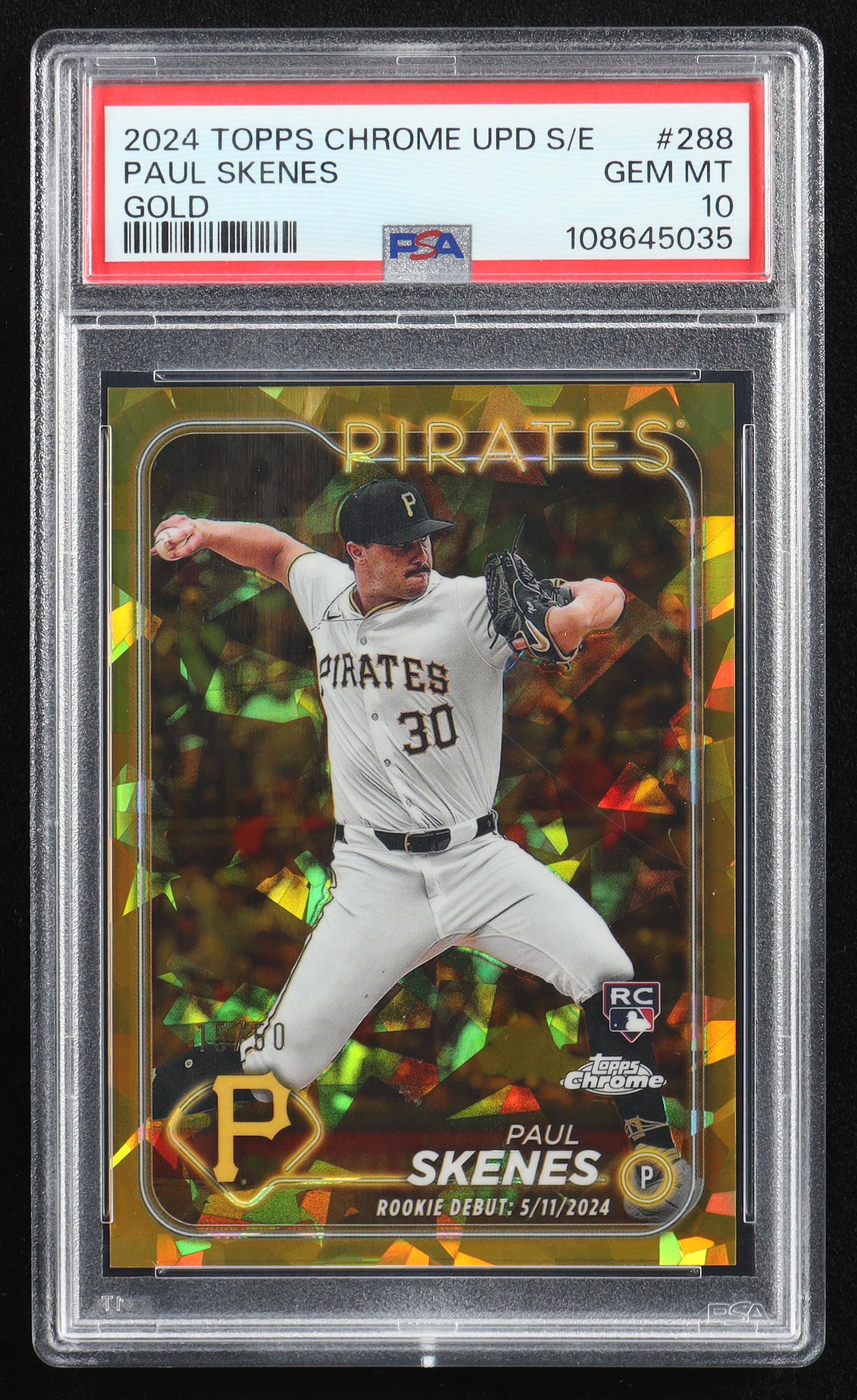 Paul Skenes 2024 Topps Chrome Update Sapphire Edition Gold #USCS288 RC #15/50 (PSA 10) at PristineAuction.com Paul Skenes 2024 Topps Chrome Update Sapphire Edition Gold #USCS288 RC #15/50 (PSA 10) at PristineAuction.com