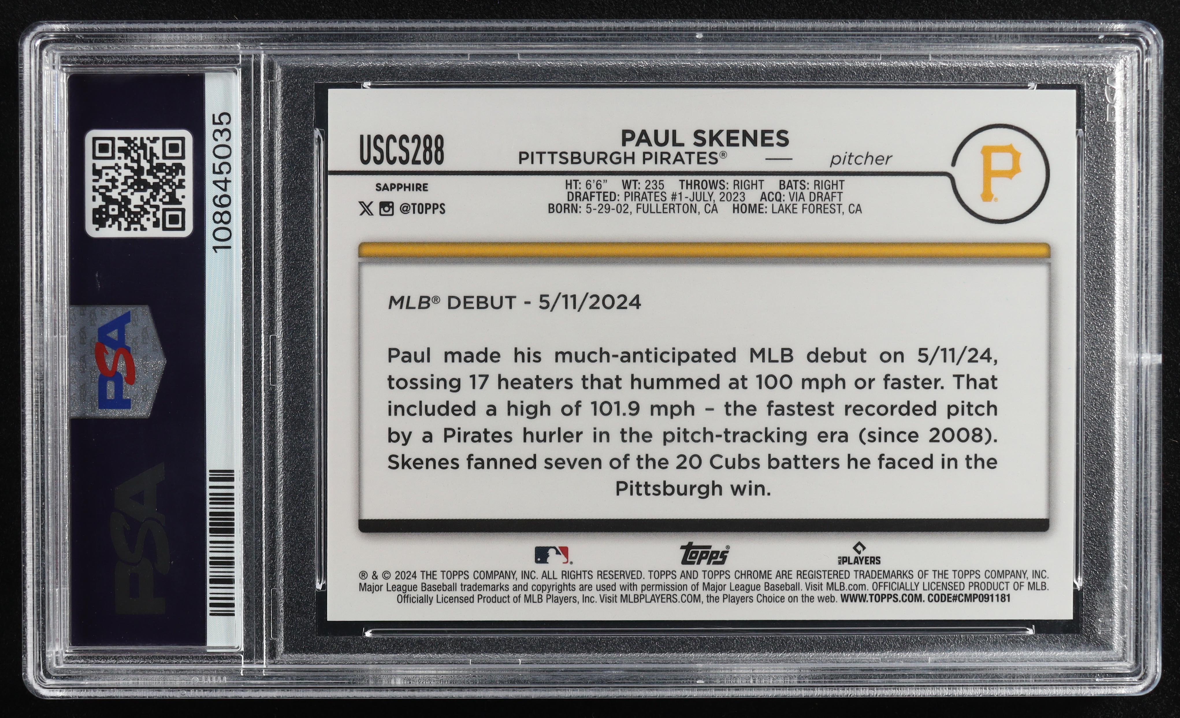 Paul Skenes 2024 Topps Chrome Update Sapphire Edition Gold #USCS288 RC #15/50 (PSA 10) at PristineAuction.com Paul Skenes 2024 Topps Chrome Update Sapphire Edition Gold #USCS288 RC #15/50 (PSA 10) at PristineAuction.com