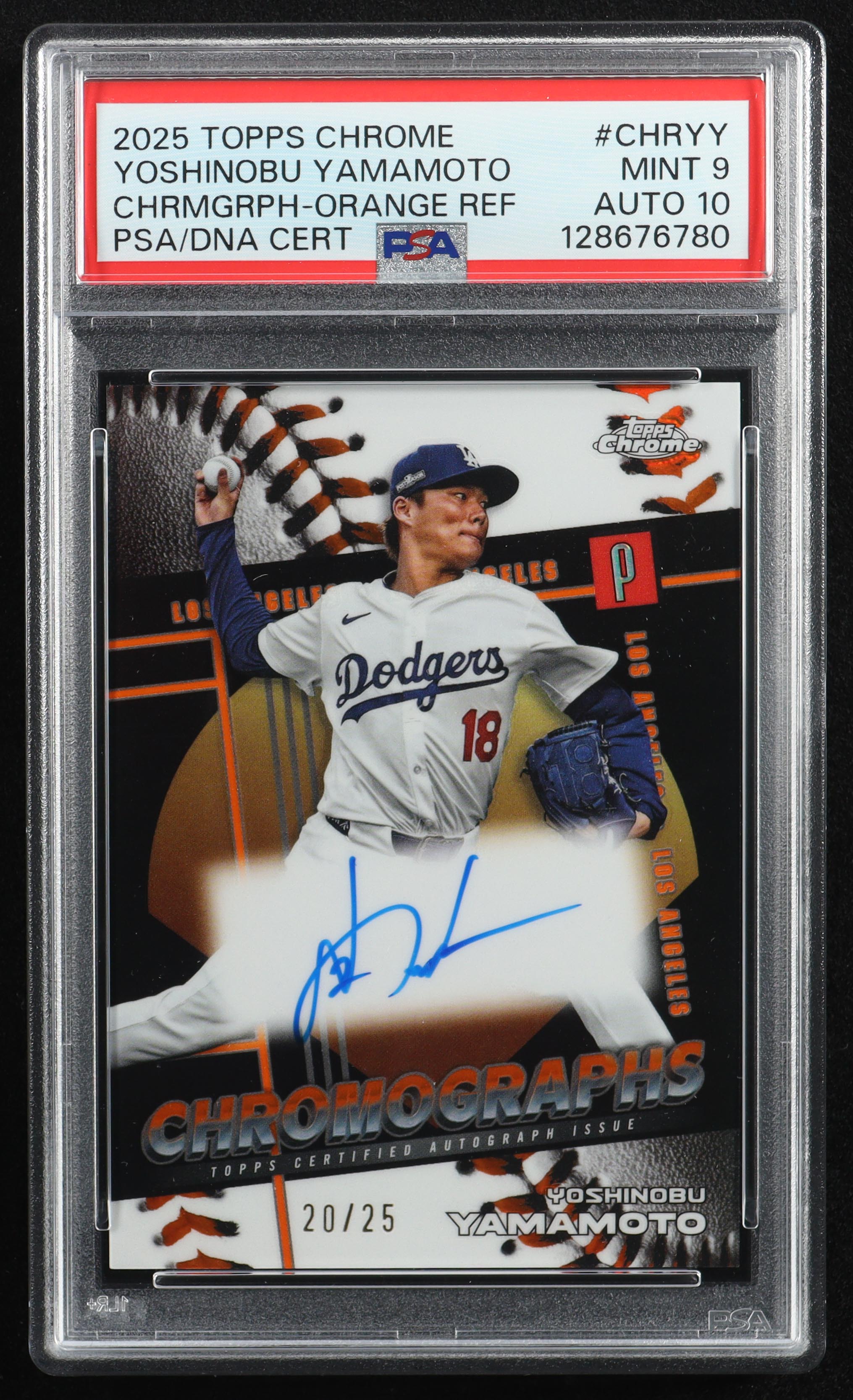 Yoshinobu Yamamoto 2025 Topps Chrome Chromographs Orange Refractor #CHRYY #20/25 (PSA 9 | Auto 10) at PristineAuction.com Yoshinobu Yamamoto 2025 Topps Chrome Chromographs Orange Refractor #CHRYY #20/25 (PSA 9 | Auto 10) at PristineAuction.com