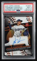 Yoshinobu Yamamoto 2025 Topps Chrome Chromographs Orange Refractor #CHRYY #20/25 (PSA 9 | Auto 10) at PristineAuction.com