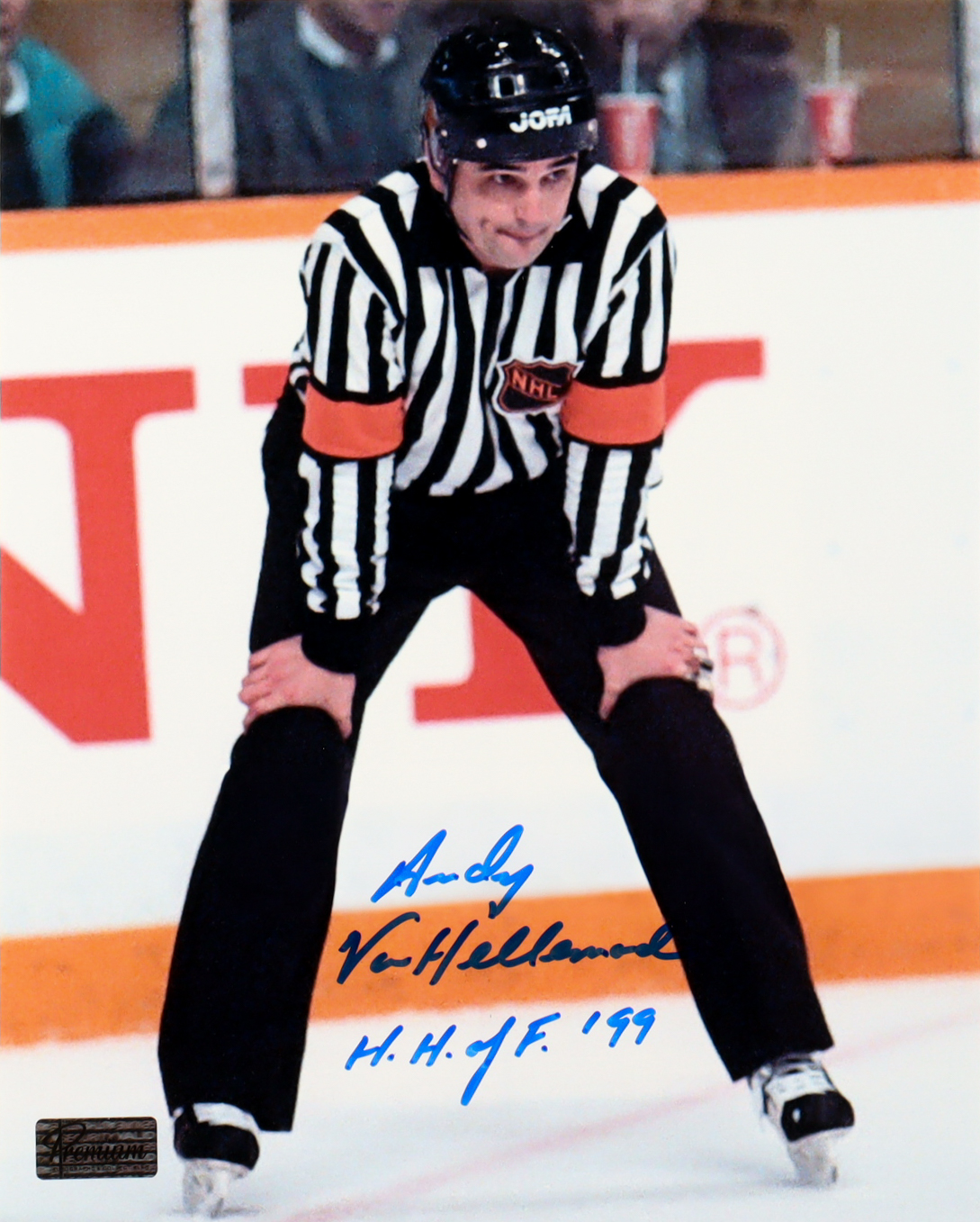 Andy Van Hellemond Signed NHL 8x10 Photo Inscribed "H.H. of F. 99" (Premium Autographs) at PristineAuction.com Andy Van Hellemond Signed NHL 8x10 Photo Inscribed "H.H. of F. 99" (Premium Autographs) at PristineAuction.com