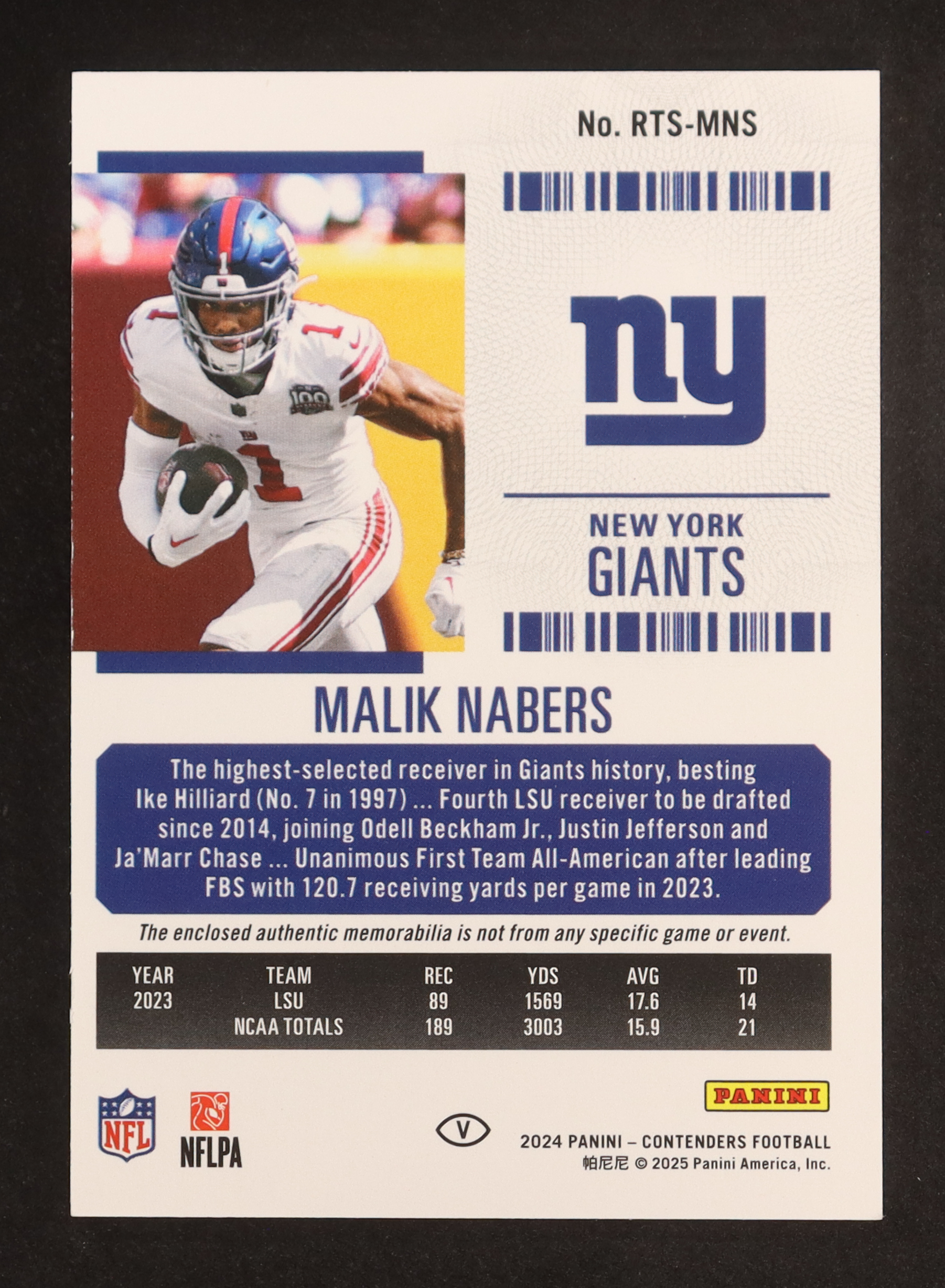 Malik Nabers 2024 Panini Contenders Rookie Ticket Swatches Variations #28 RC at PristineAuction.com Malik Nabers 2024 Panini Contenders Rookie Ticket Swatches Variations #28 RC at PristineAuction.com