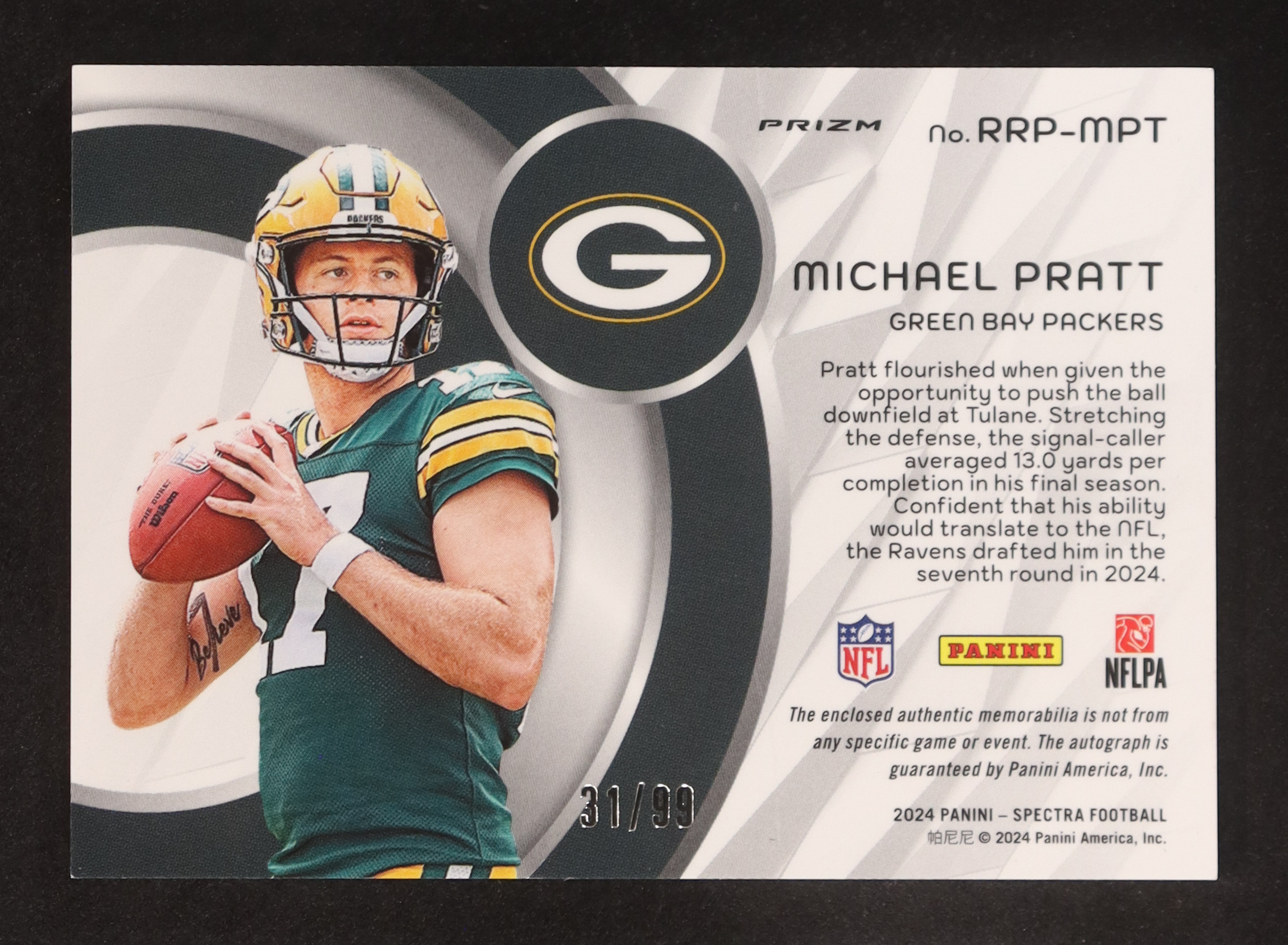 Michael Pratt 2024 Panini Spectra Radiant Rookie Patch Signatures #15 #31/99 RC at PristineAuction.com Michael Pratt 2024 Panini Spectra Radiant Rookie Patch Signatures #15 #31/99 RC at PristineAuction.com