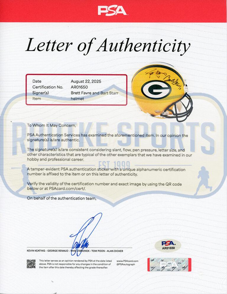 Bart Starr & Brett Favre Signed Packers Full-Size Authentic On-Field Helmet (PSA) at PristineAuction.com Bart Starr & Brett Favre Signed Packers Full-Size Authentic On-Field Helmet (PSA) at PristineAuction.com
