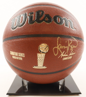 Larry Bird Signed NBA Finals Trophy Special Edition Basketball with Stand (PSA) at PristineAuction.com
