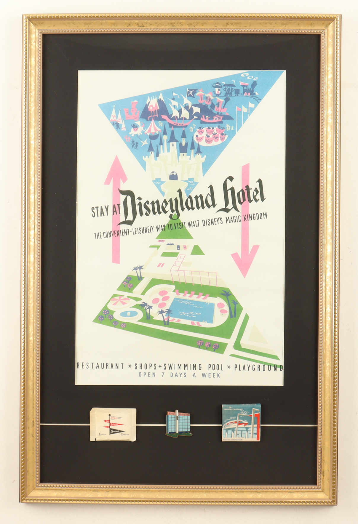 "The Disneyland Hotel" Custom Framed Display With Sugar Packet and Pins at PristineAuction.com "The Disneyland Hotel" Custom Framed Display With Sugar Packet and Pins at PristineAuction.com