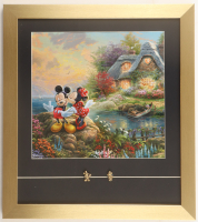 Thomas Kinkade "Mickey & Minnie Mouse Kiss" Custom Framed Print Display with Set of (2) Mickey & Minnie Pins at PristineAuction.com