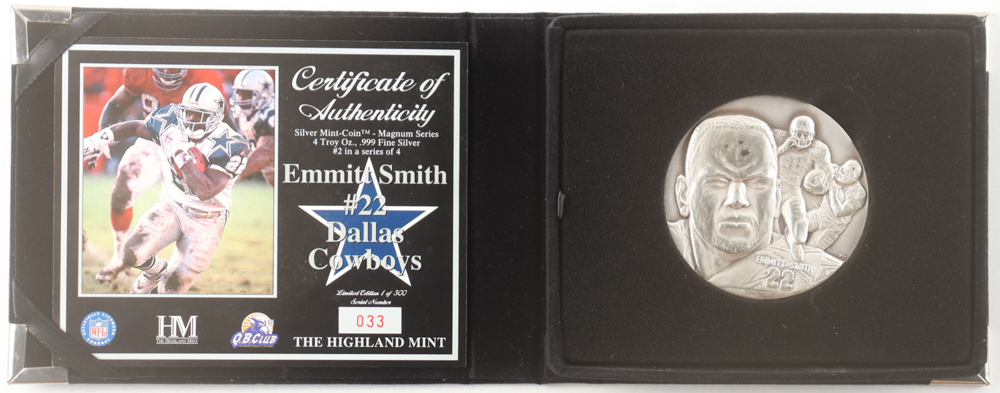 Emmitt Smith LE The Highland Mint Magnum Series 4 Troy Oz. Fine Silver Mint-Coin with Display Case at PristineAuction.com Emmitt Smith LE The Highland Mint Magnum Series 4 Troy Oz. Fine Silver Mint-Coin with Display Case at PristineAuction.com
