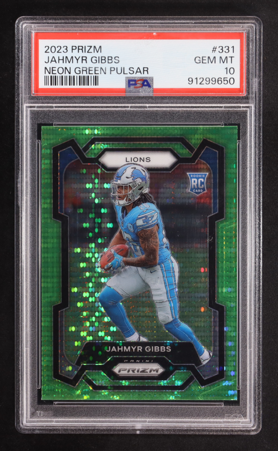 Jahmyr Gibbs 2023 Panini Prizm Prizms Neon Green Pulsar #331 RC (PSA 10) at PristineAuction.com Jahmyr Gibbs 2023 Panini Prizm Prizms Neon Green Pulsar #331 RC (PSA 10) at PristineAuction.com