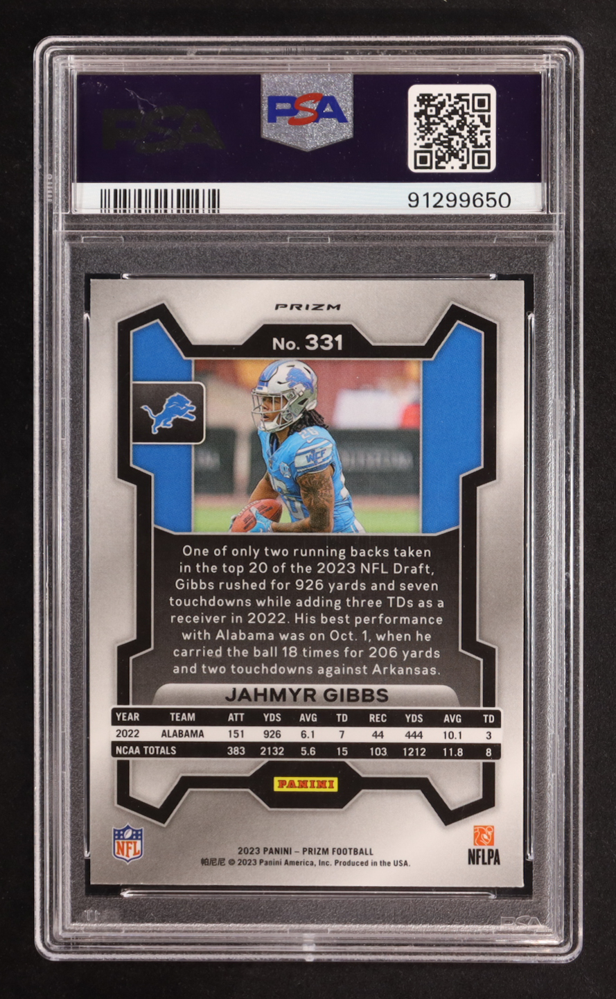 Jahmyr Gibbs 2023 Panini Prizm Prizms Neon Green Pulsar #331 RC (PSA 10) at PristineAuction.com Jahmyr Gibbs 2023 Panini Prizm Prizms Neon Green Pulsar #331 RC (PSA 10) at PristineAuction.com