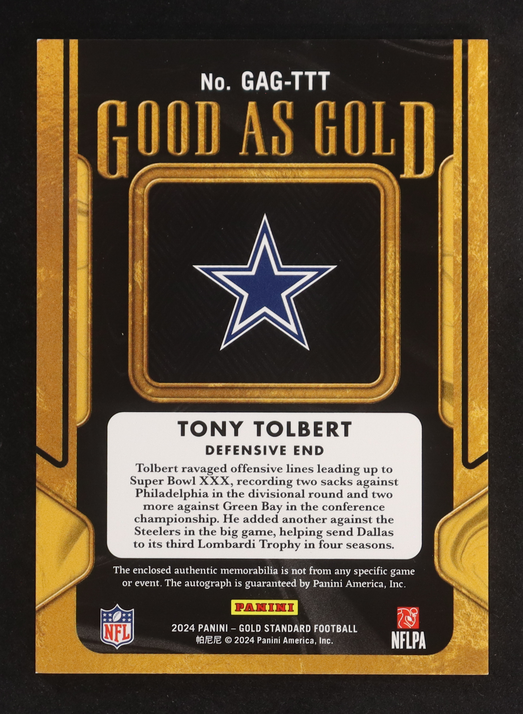 Tony Tolbert 2024 Panini Gold Standard Good as Gold Jersey Autographs #12 #021/199 at PristineAuction.com Tony Tolbert 2024 Panini Gold Standard Good as Gold Jersey Autographs #12 #021/199 at PristineAuction.com
