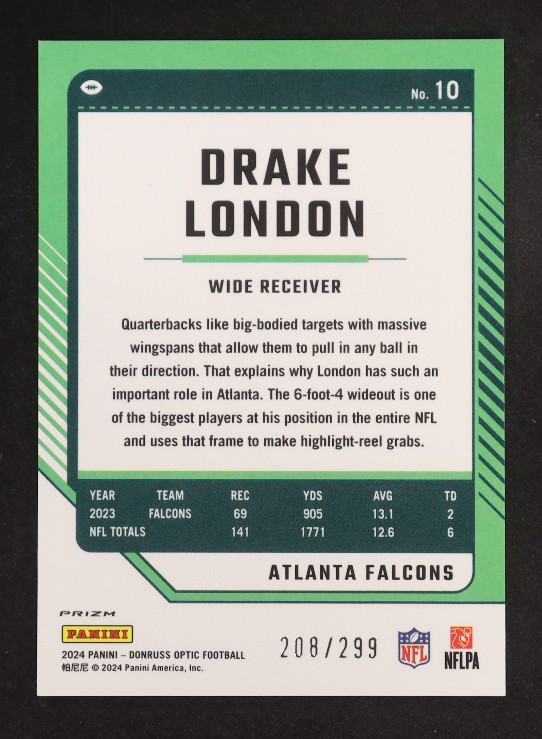 Drake London 2024 Donruss Optic Aqua #10 #208/299 at PristineAuction.com Drake London 2024 Donruss Optic Aqua #10 #208/299 at PristineAuction.com