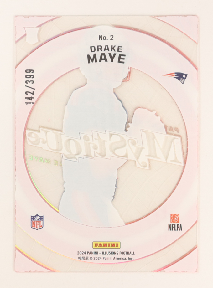 Drake Maye 2024 Panini Illusions Mystique Pink #2 RC #142/399 at PristineAuction.com Drake Maye 2024 Panini Illusions Mystique Pink #2 RC #142/399 at PristineAuction.com