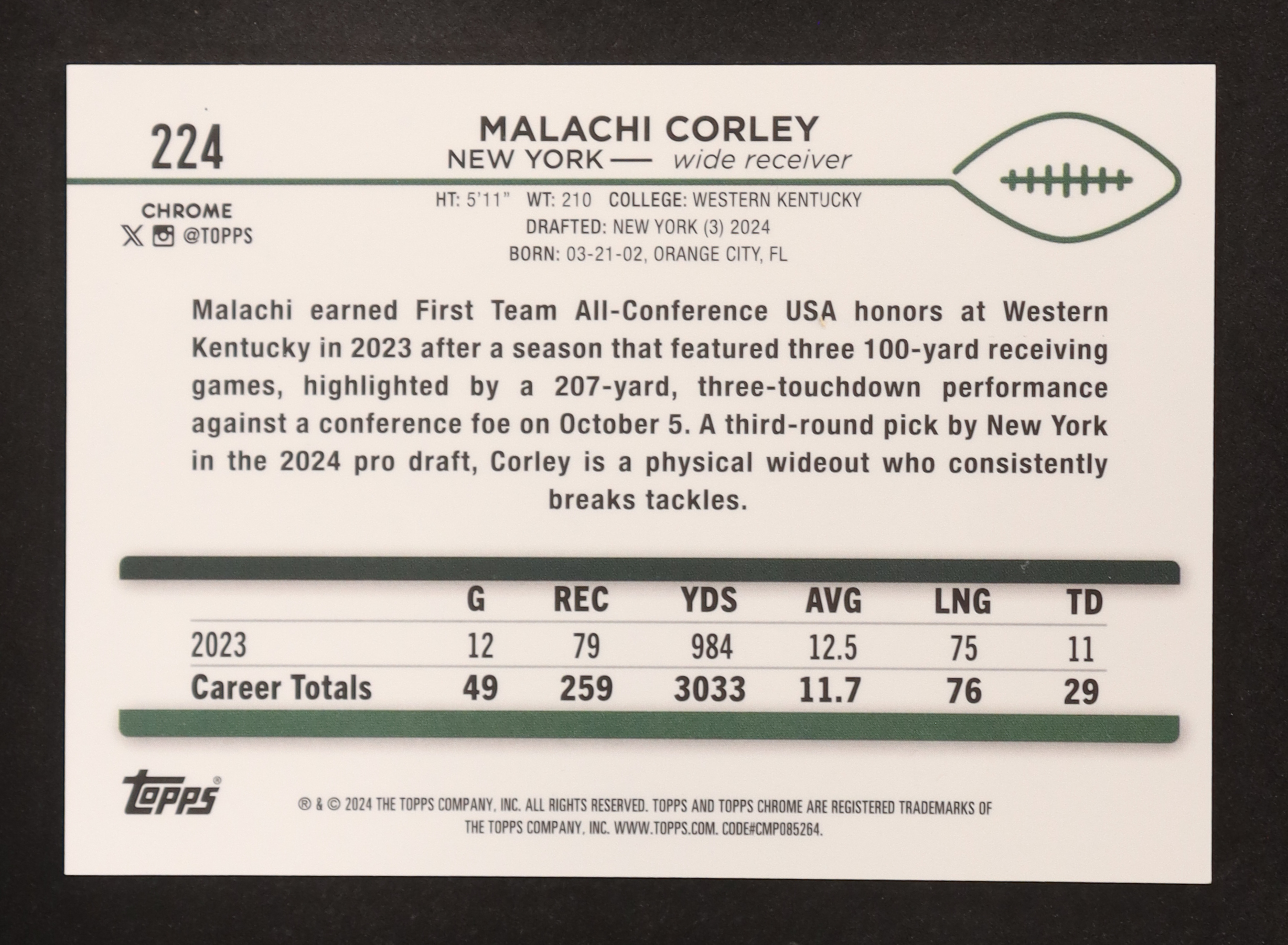 Malachi Corley 2024 Topps Chrome Sapphire Gold #224 #15/50 RC at PristineAuction.com Malachi Corley 2024 Topps Chrome Sapphire Gold #224 #15/50 RC at PristineAuction.com