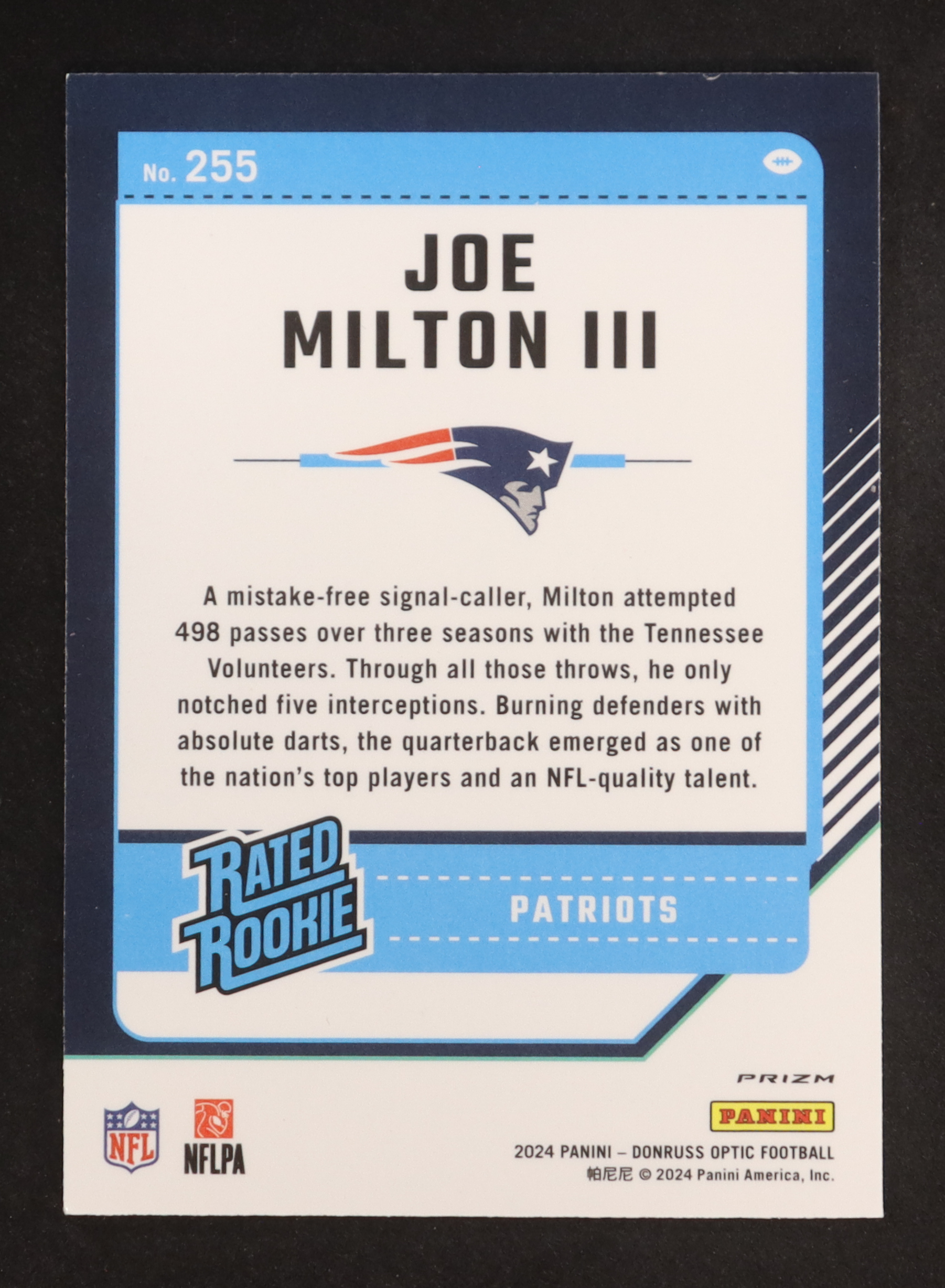 Joe Milton III 2024 Donruss Optic Red Hyper #255 RR RC at PristineAuction.com Joe Milton III 2024 Donruss Optic Red Hyper #255 RR RC at PristineAuction.com