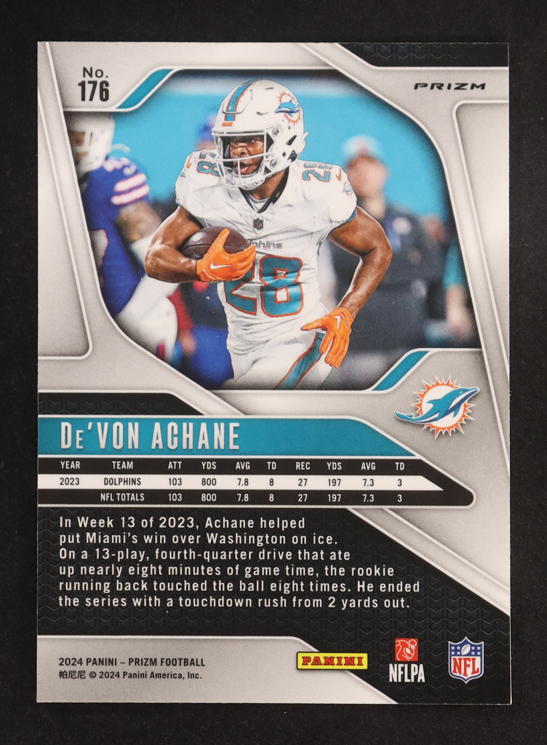 De'Von Achane 2024 Panini Prizm Prizms Silver #176 at PristineAuction.com De'Von Achane 2024 Panini Prizm Prizms Silver #176 at PristineAuction.com