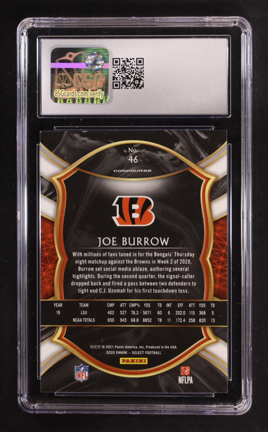 Joe Burrow 2020 Panini Select #46 RC (CGC 10) at PristineAuction.com Joe Burrow 2020 Panini Select #46 RC (CGC 10) at PristineAuction.com