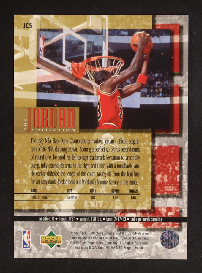Michael Jordan 1995-96 Upper Deck Jordan Collection #JC5 / Slam Dunk Champion 1987 at PristineAuction.com Michael Jordan 1995-96 Upper Deck Jordan Collection #JC5 / Slam Dunk Champion 1987 at PristineAuction.com