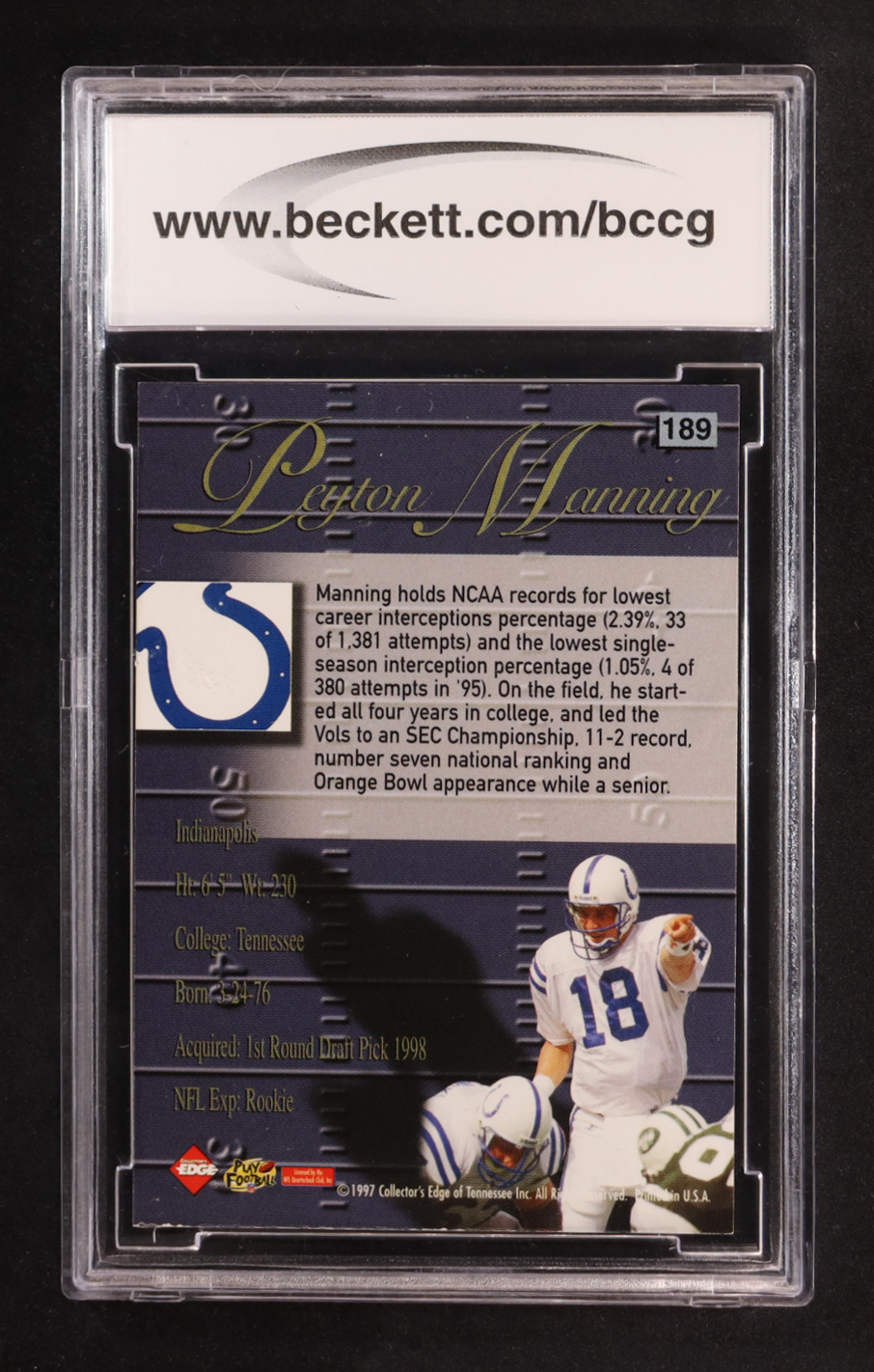 Peyton Manning 1998 Collector's Edge Advantage #189 RC (BCCG 10) at PristineAuction.com Peyton Manning 1998 Collector's Edge Advantage #189 RC (BCCG 10) at PristineAuction.com