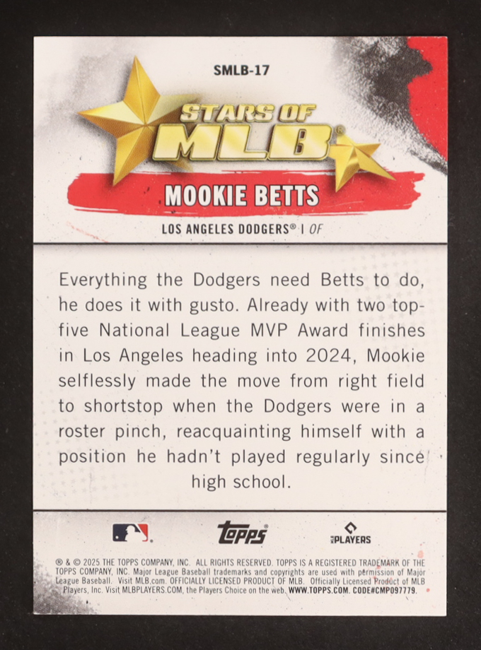 Mookie Betts 2025 Topps Stars Of MLB #SMLB17 at PristineAuction.com Mookie Betts 2025 Topps Stars Of MLB #SMLB17 at PristineAuction.com