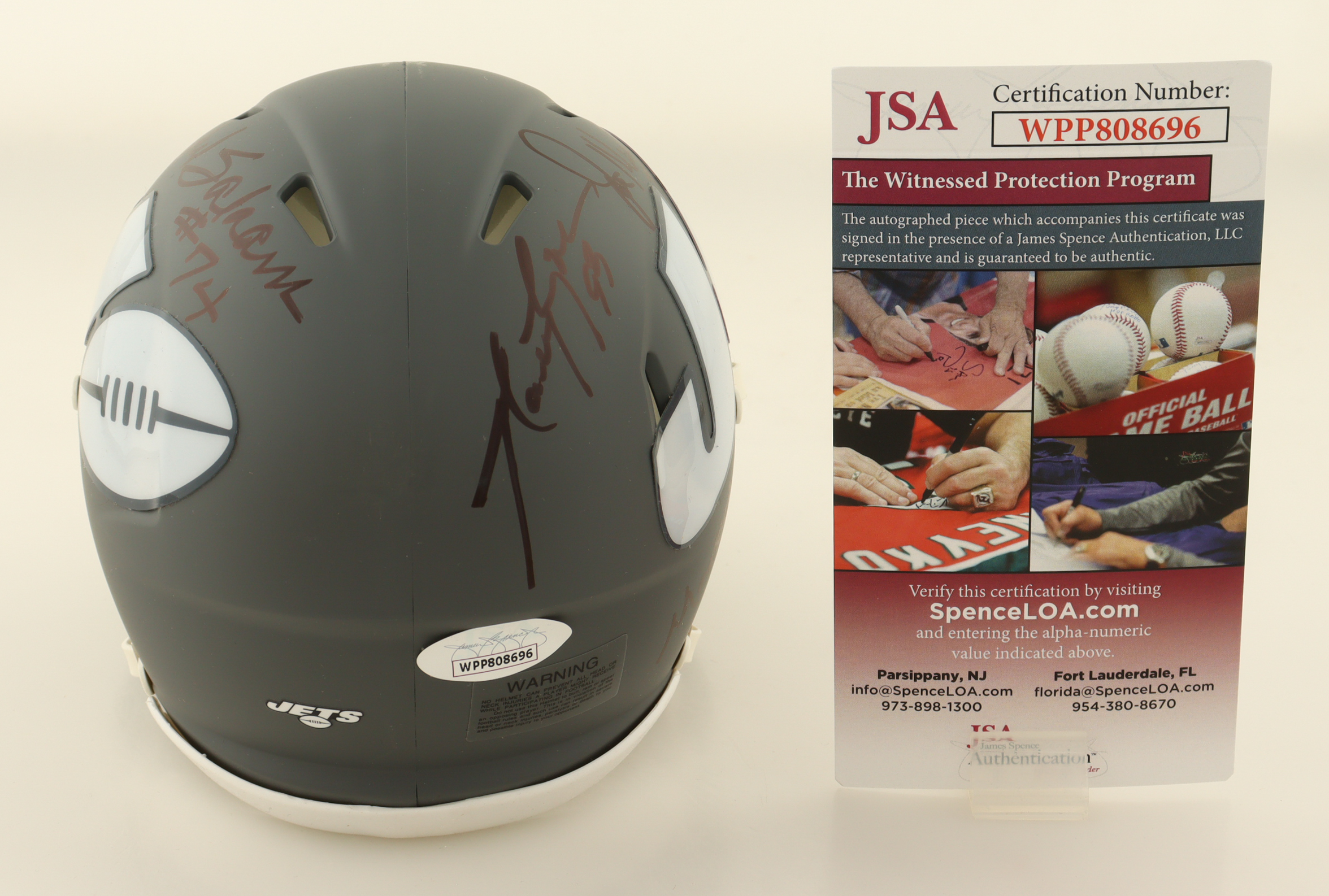 Jets "Sack Exchange" AMP Speed Mini Helmet Signed by (4) with Mark Gastineau, Joe Klecko, Marty Lyons & Abdul Salaam (JSA) at PristineAuction.com Jets "Sack Exchange" AMP Speed Mini Helmet Signed by (4) with Mark Gastineau, Joe Klecko, Marty Lyons & Abdul Salaam (JSA) at PristineAuction.com