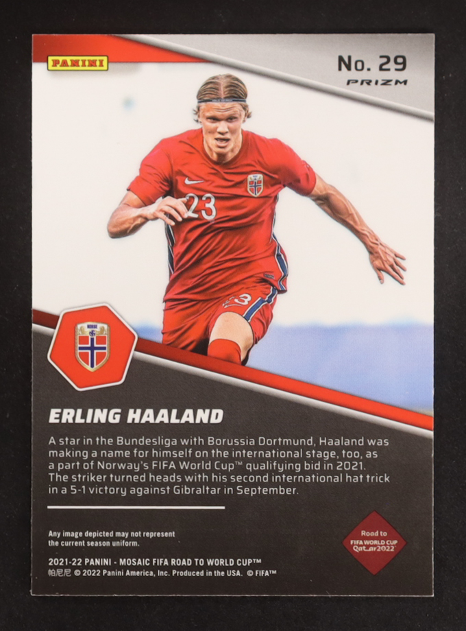 Erling Haaland 2021-22 Panini Mosaic Road to the FIFA World Cup Qatar Breakaway Mosaic #29 at PristineAuction.com Erling Haaland 2021-22 Panini Mosaic Road to the FIFA World Cup Qatar Breakaway Mosaic #29 at PristineAuction.com