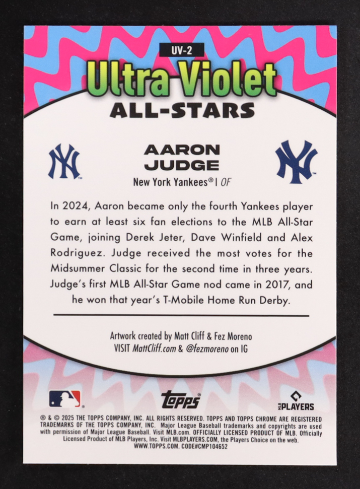 Aaron Judge 2025 Topps Chrome Ultra Violet All-Stars #UV2 at PristineAuction.com Aaron Judge 2025 Topps Chrome Ultra Violet All-Stars #UV2 at PristineAuction.com