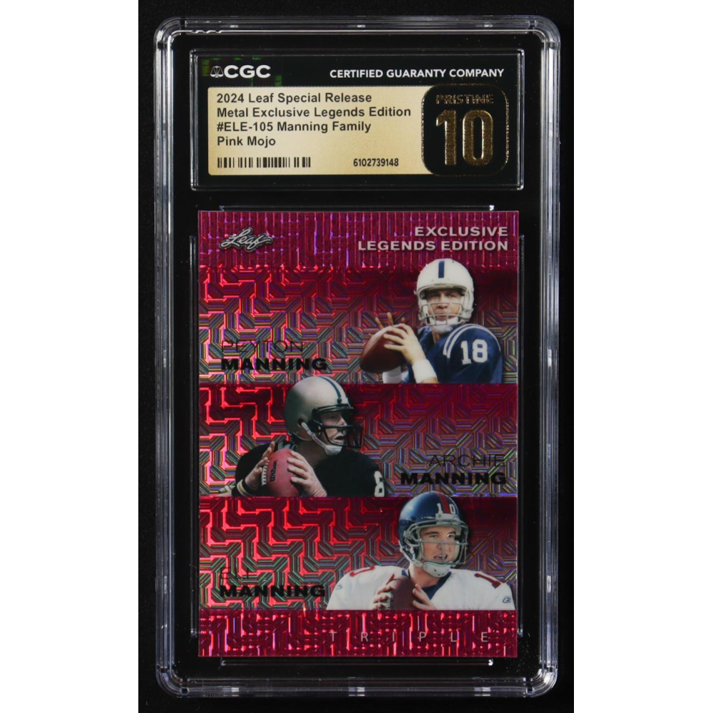 Archie Manning / Peyton Manning / Eli Manning 2024 Leaf Metal Special Release Exclusive Legends Ed. Manning Family Pink Mojo Triple #ELE-105 #8/10 (CGC Black Label Pristine 10) at PristineAuction.com