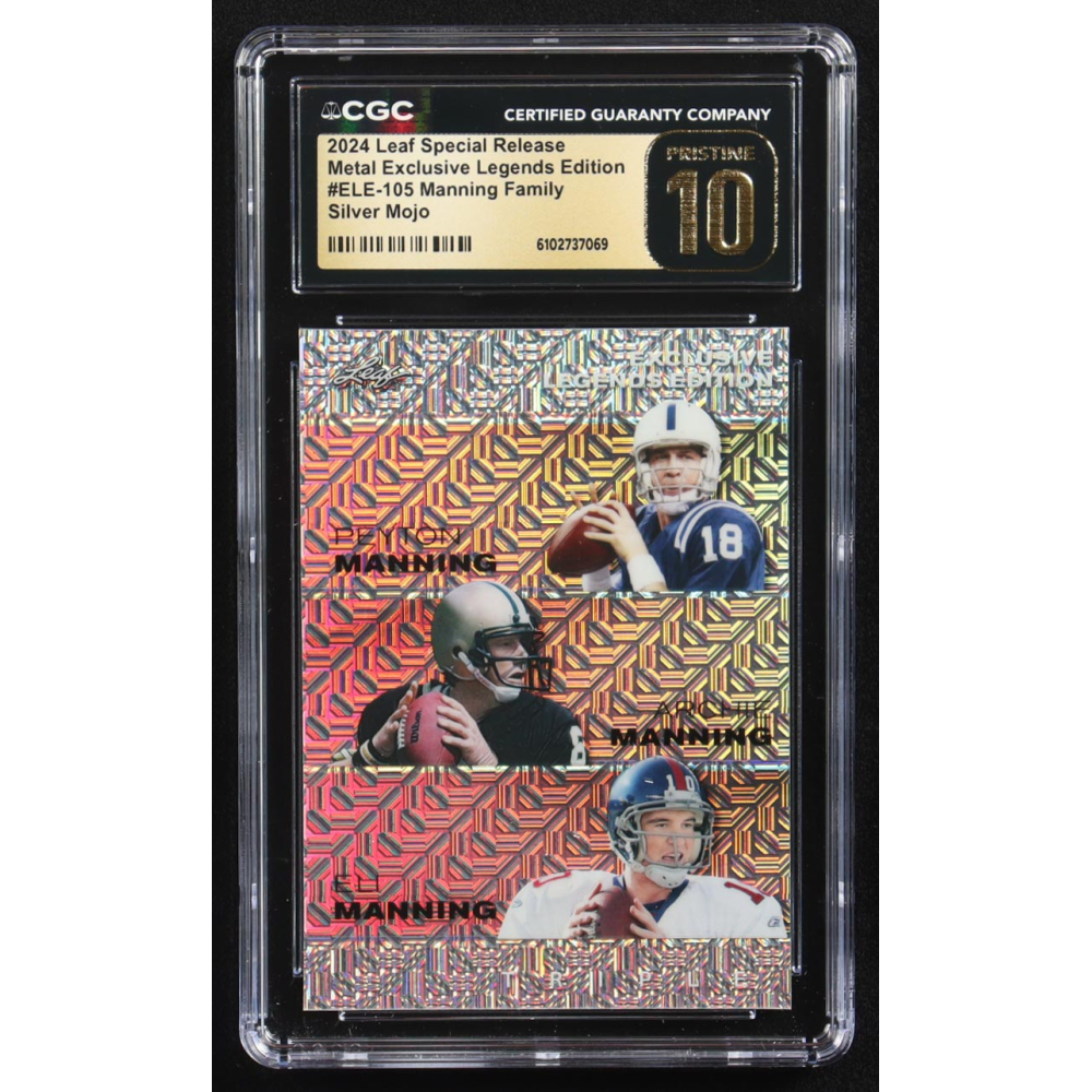 Archie Manning / Peyton Manning / Eli Manning 2024 Leaf Metal Special Release Exclusive Legends Ed. Manning Family Silver Mojo Triple #ELE-105 #20/25 (CGC Black Label Pristine 10) at PristineAuction.com