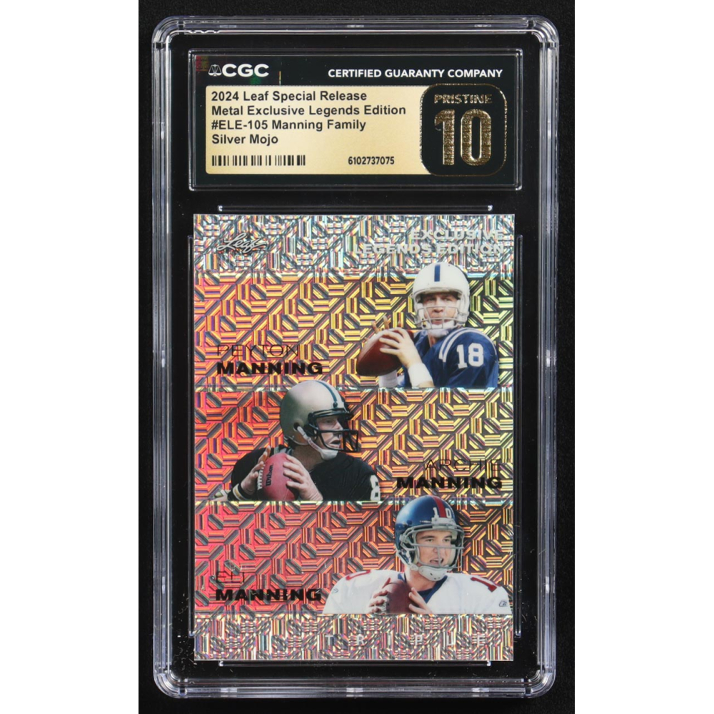 Archie Manning / Peyton Manning / Eli Manning 2024 Leaf Metal Special Release Exclusive Legends Ed. Manning Family Silver Mojo Triple #ELE-105 #11/25 (CGC Black Label Pristine 10) at PristineAuction.com