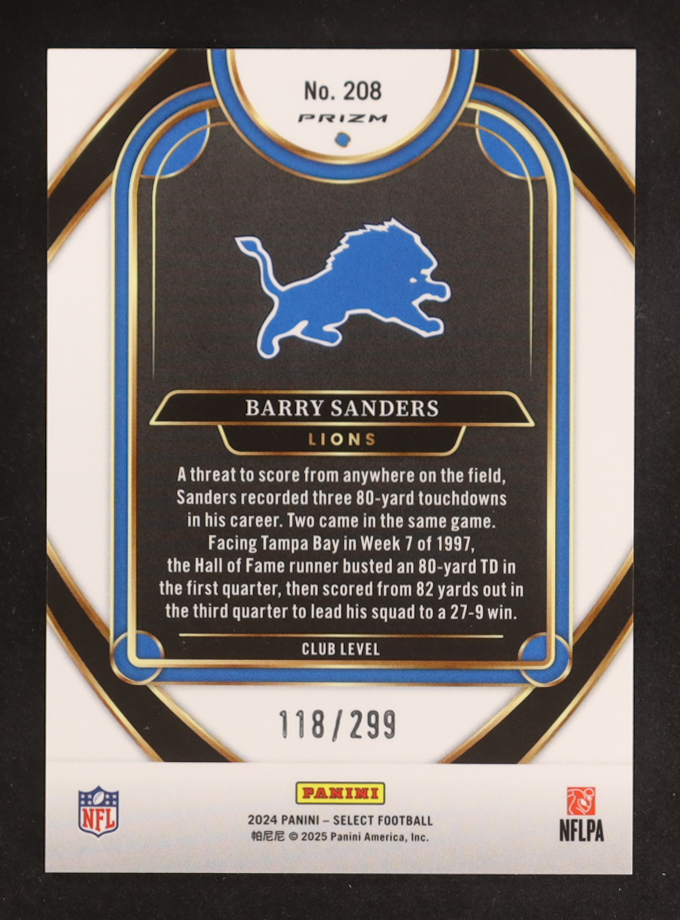 Barry Sanders 2024 Select Prizm Copper Shock #208 #118/299 at PristineAuction.com Barry Sanders 2024 Select Prizm Copper Shock #208 #118/299 at PristineAuction.com