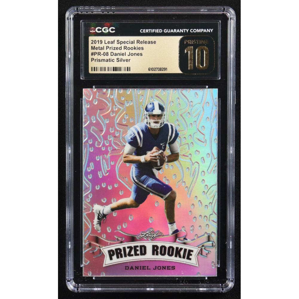 Daniel Jones 2019 Leaf Special Release Metal Prized Rookie Prismatic Silver #PR-08 RC #16/25 (CGC Black Pristine Label 10) at PristineAuction.com