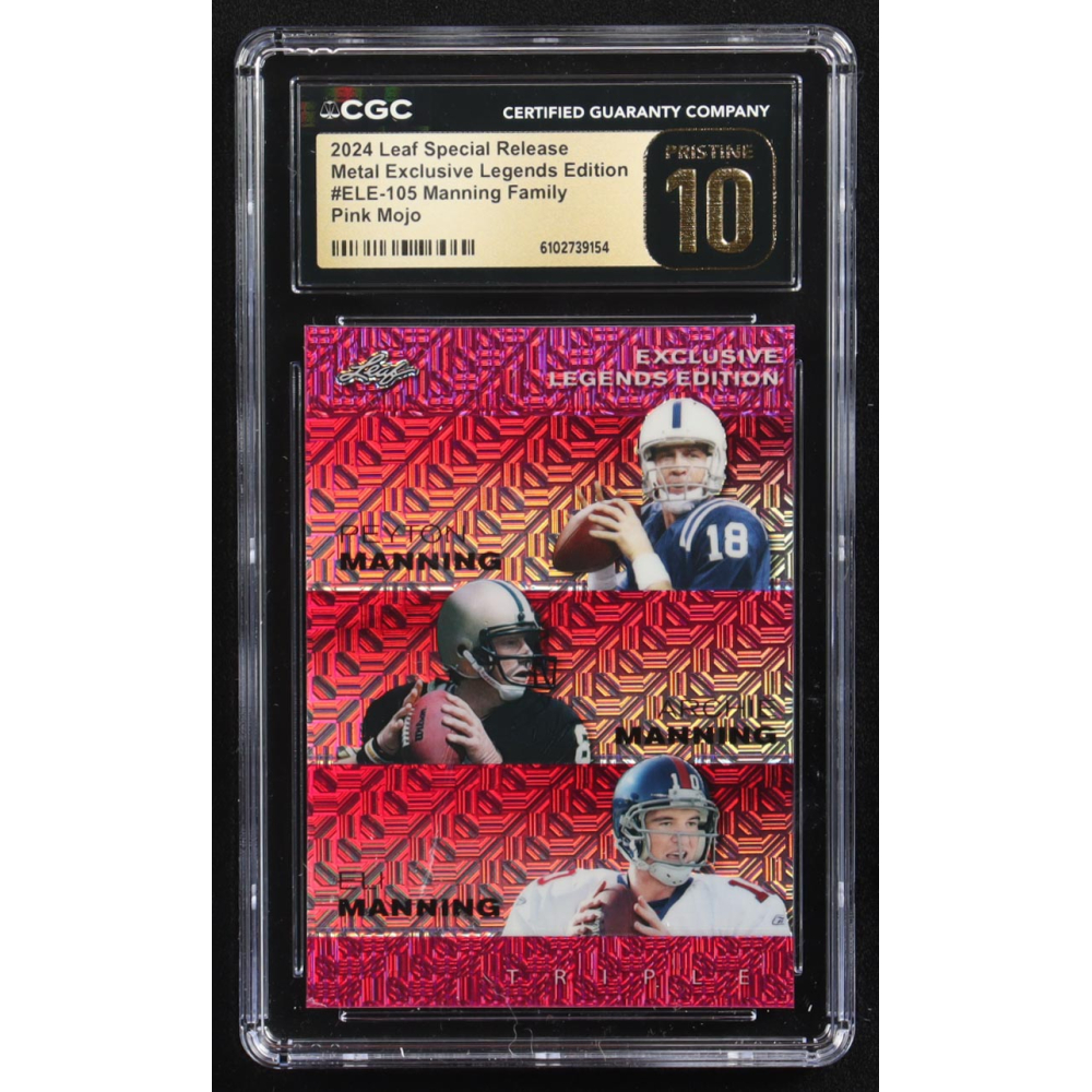Archie Manning / Peyton Manning / Eli Manning 2024 Leaf Metal Special Release Exclusive Legends Ed. Manning Family Pink Mojo Triple #ELE-105 #2/10 (CGC Black Label Pristine 10) at PristineAuction.com