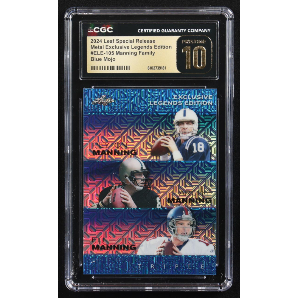 Archie Manning / Peyton Manning / Eli Manning 2024 Leaf Metal Special Release Exclusive Legends Ed. Manning Family Blue Mojo Triple #ELE-105 #1/20 (CGC Black Label Pristine 10) at PristineAuction.com