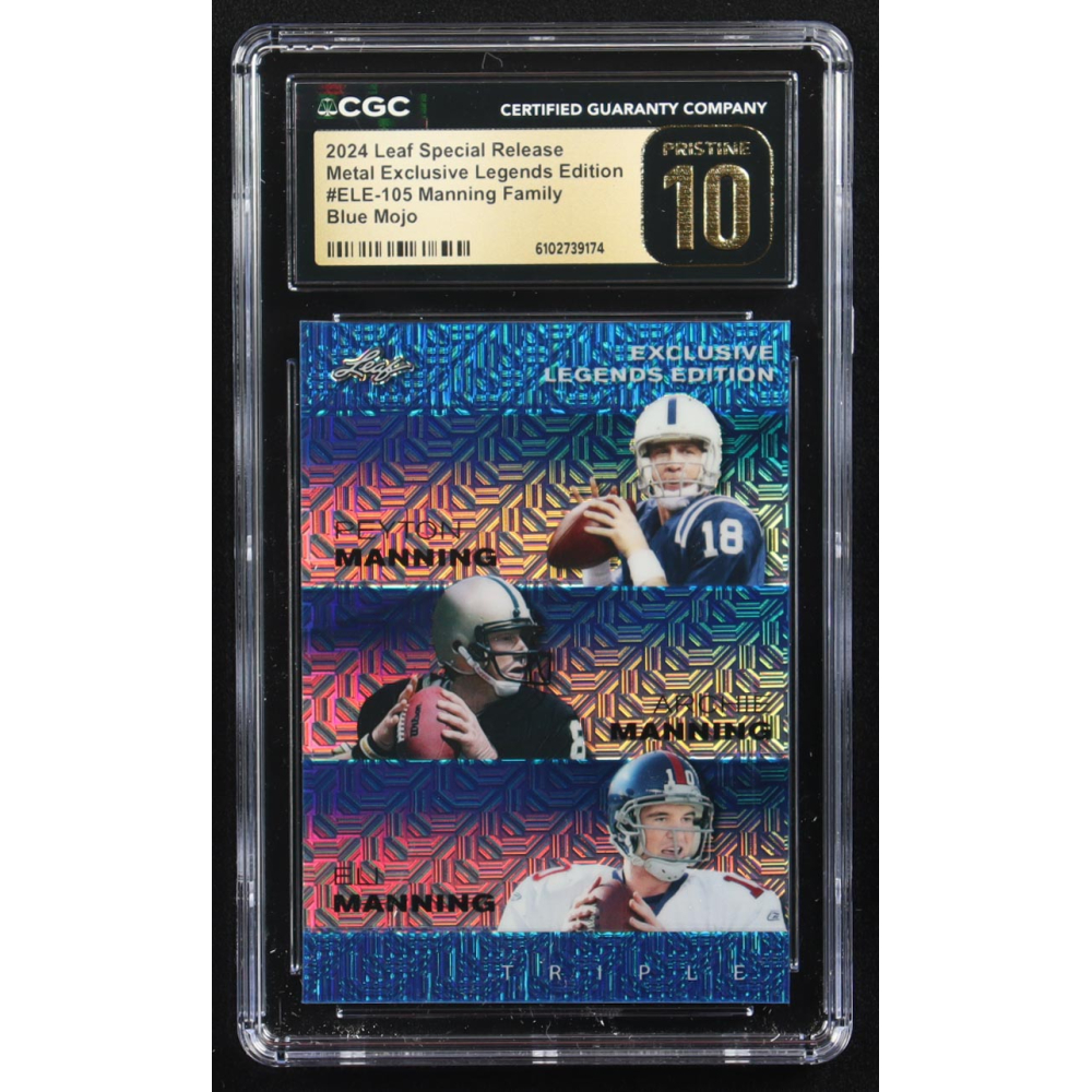 Archie Manning / Peyton Manning / Eli Manning 2024 Leaf Metal Special Release Exclusive Legends Ed. Manning Family Blue Mojo Triple #ELE-105 #14/20 (CGC Black Label Pristine 10) at PristineAuction.com