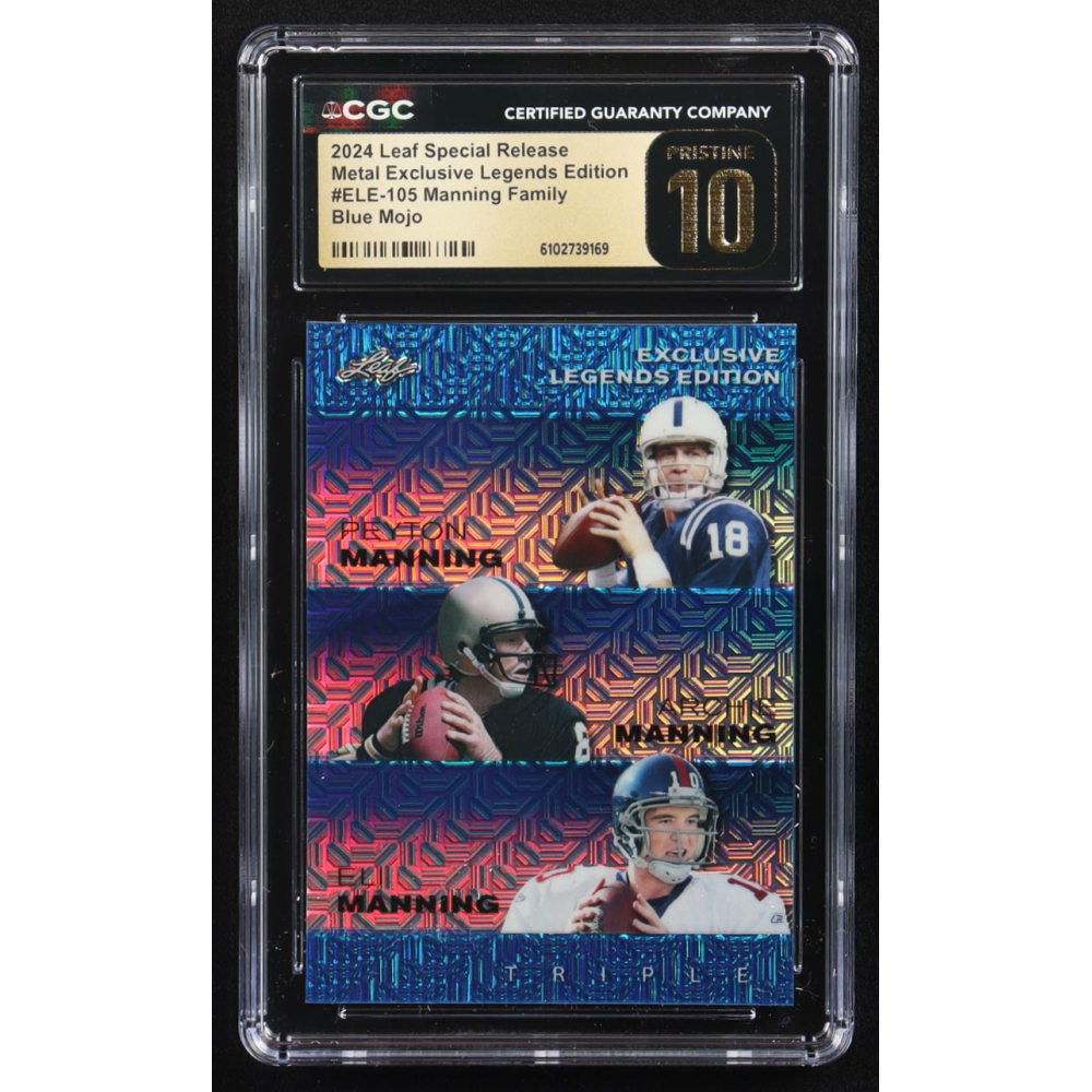 Archie Manning / Peyton Manning / Eli Manning 2024 Leaf Metal Special Release Exclusive Legends Ed. Manning Family Blue Mojo Triple #ELE-105 #20/20 (CGC Black Label Pristine 10) at PristineAuction.com