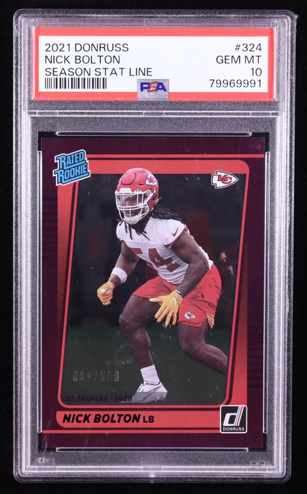 Nick Bolton 2021 Donruss Season Stat Line #324 RR RC #390/500 (PSA 10) at PristineAuction.com Nick Bolton 2021 Donruss Season Stat Line #324 RR RC #390/500 (PSA 10) at PristineAuction.com