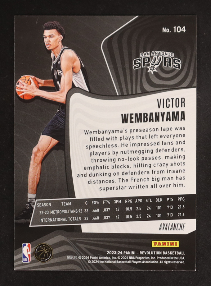 Victor Wembanyama 2023-24 Panini Revolution Avalanche #104 RC at PristineAuction.com Victor Wembanyama 2023-24 Panini Revolution Avalanche #104 RC at PristineAuction.com