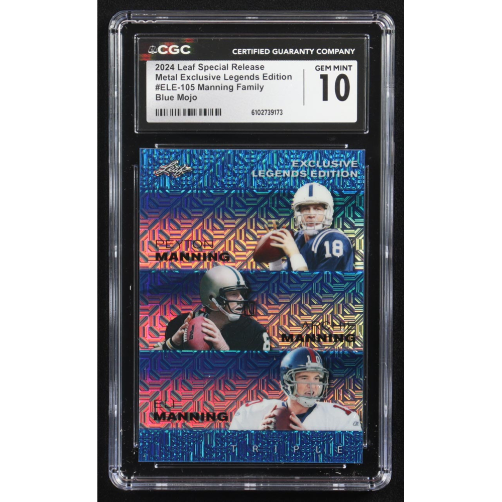 Archie Manning / Peyton Manning / Eli Manning 2024 Leaf Metal Special Release Exclusive Legends Ed. Manning Family Blue Mojo Triple #ELE-105 #15/20 (CGC 10) at PristineAuction.com