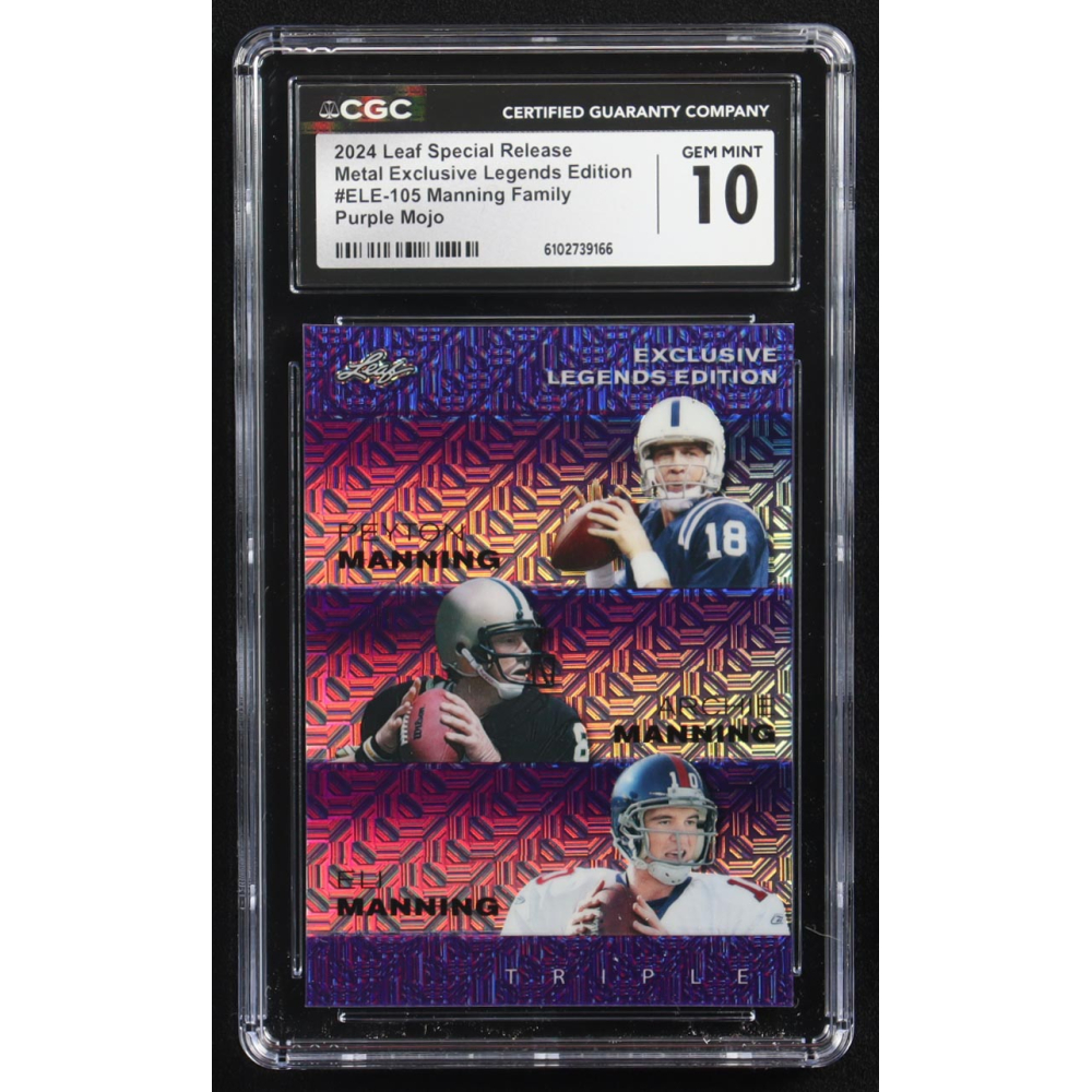 Archie Manning / Peyton Manning / Eli Manning 2024 Leaf Metal Special Release Exclusive Legends Ed. Manning Family Purple Mojo Triple #ELE-105 #3/15 (CGC 10) at PristineAuction.com