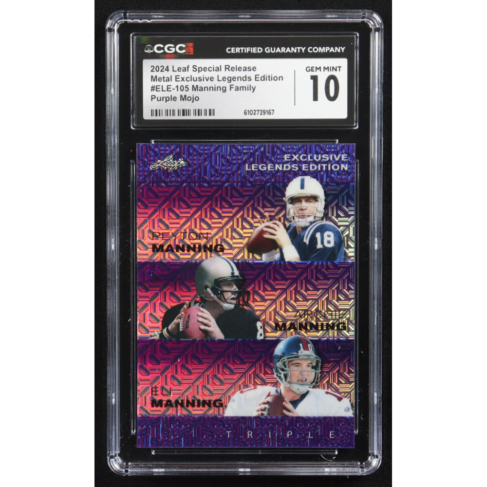 Archie Manning / Peyton Manning / Eli Manning 2024 Leaf Metal Special Release Exclusive Legends Ed. Manning Family Purple Mojo Triple #ELE-105 #2/15 (CGC 10) at PristineAuction.com