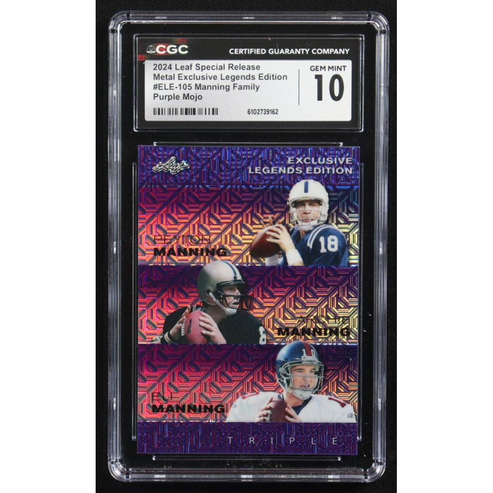 Archie Manning / Peyton Manning / Eli Manning 2024 Leaf Metal Special Release Exclusive Legends Ed. Manning Family Purple Mojo Triple #ELE-105 #7/15 (CGC 10) at PristineAuction.com