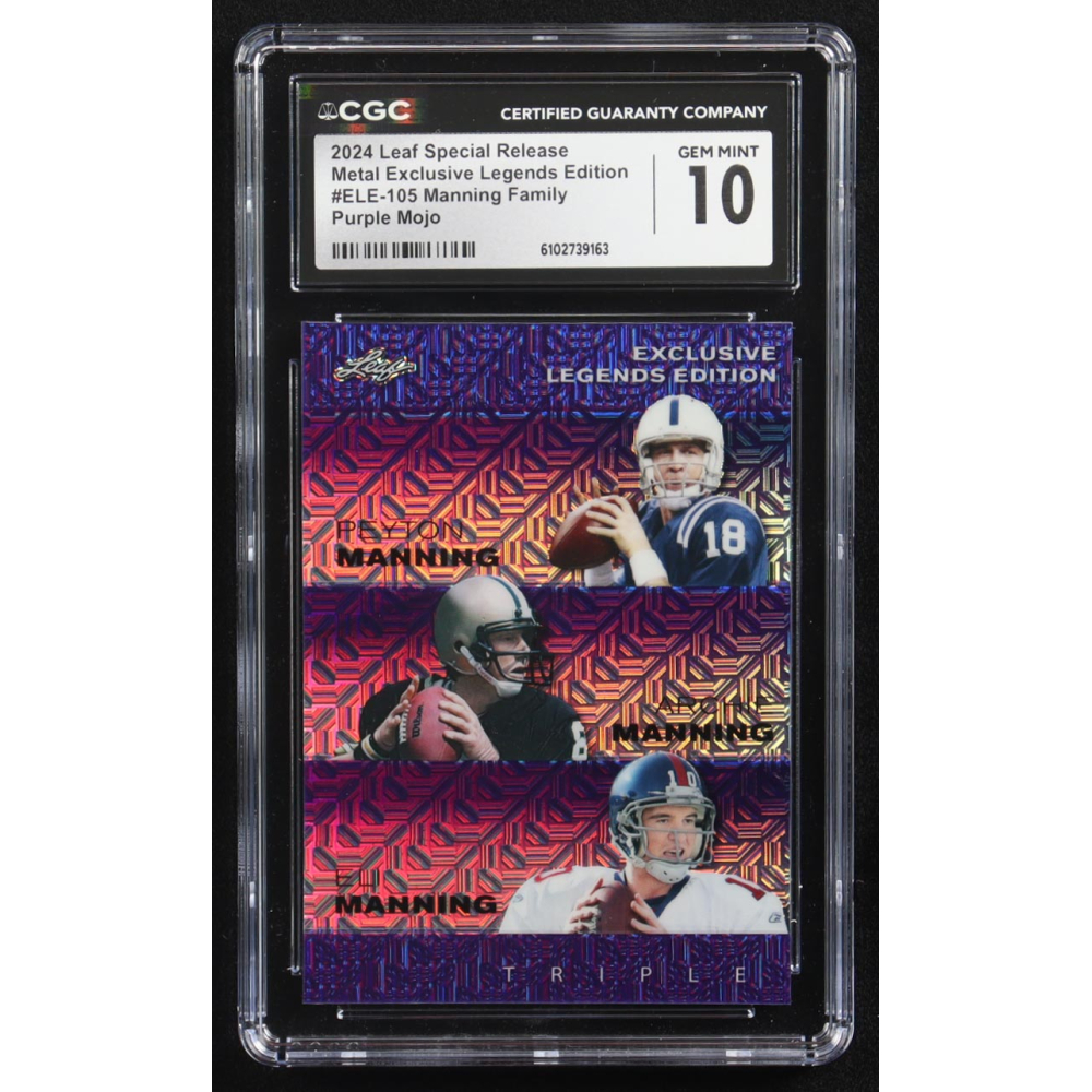Archie Manning / Peyton Manning / Eli Manning 2024 Leaf Metal Special Release Exclusive Legends Ed. Manning Family Purple Mojo Triple #ELE-105 #6/15 (CGC 10) at PristineAuction.com