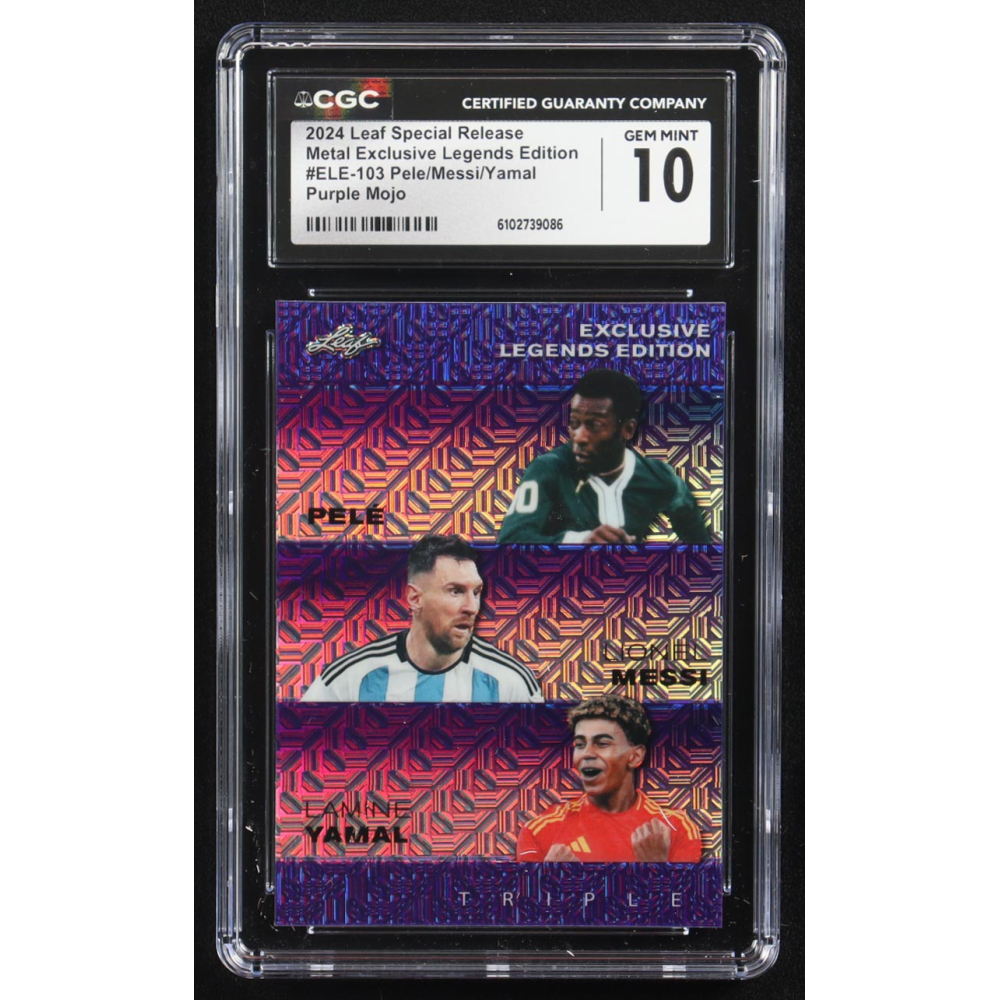 Pele / Lionel Messi / Lamine Yamal 2024 Leaf Metal Special Release Exclusive Legends Ed. Purple Mojo Triple #ELE-103 #11/15 (CGC 10) at PristineAuction.com