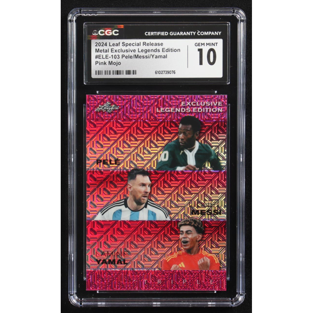 Pele / Lionel Messi / Lamine Yamal 2024 Leaf Metal Special Release Exclusive Legends Ed. Pink Mojo Triple #ELE-103 #7/10 (CGC 10) at PristineAuction.com