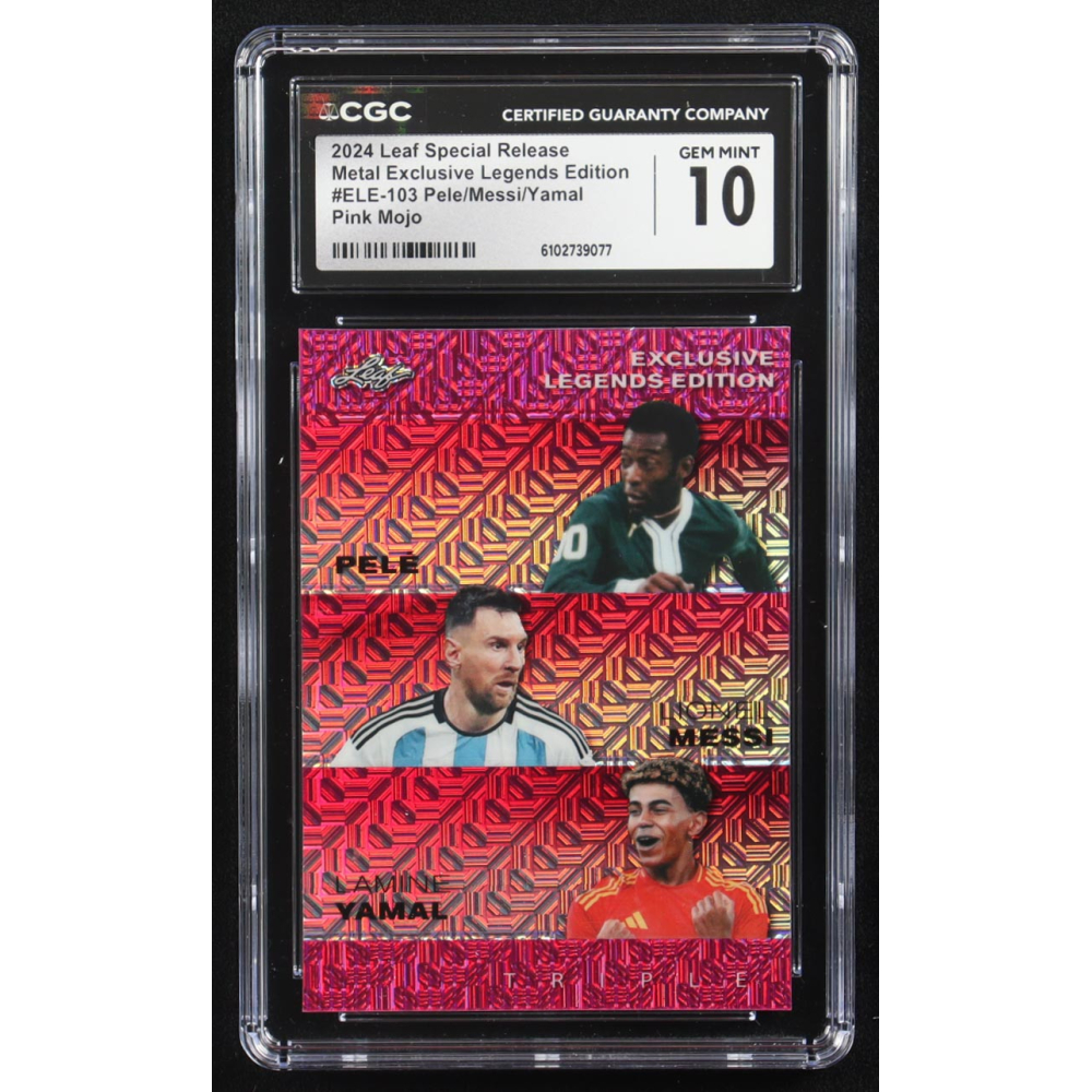 Pele / Lionel Messi / Lamine Yamal 2024 Leaf Metal Special Release Exclusive Legends Ed. Pink Mojo Triple #ELE-103 #6/10 (CGC 10) at PristineAuction.com