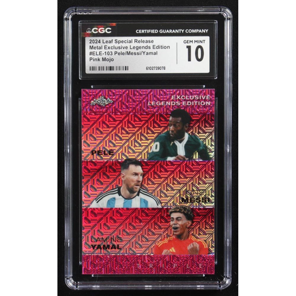 Pele / Lionel Messi / Lamine Yamal 2024 Leaf Metal Special Release Exclusive Legends Ed. Pink Mojo Triple #ELE-103 #5/10 (CGC 10) at PristineAuction.com