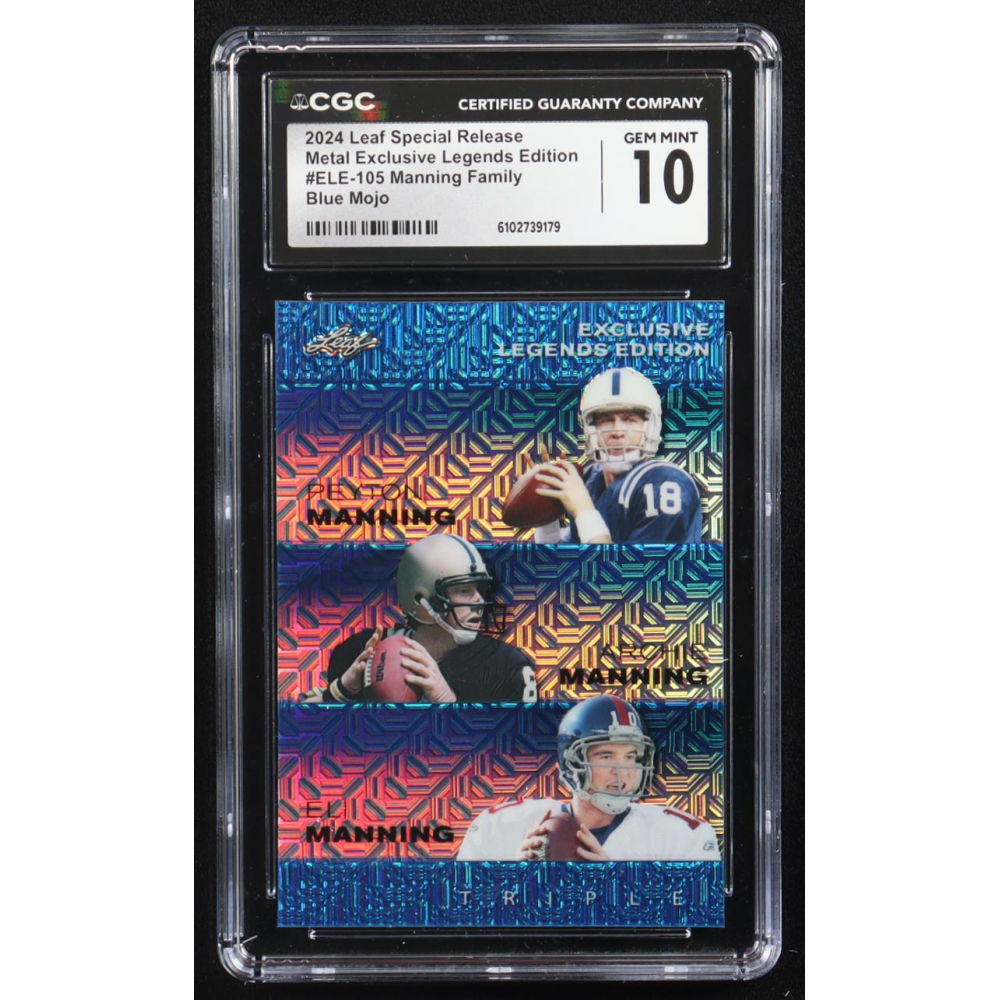 Archie Manning / Peyton Manning / Eli Manning 2024 Leaf Metal Special Release Exclusive Legends Ed. Manning Family Blue Mojo Triple #ELE-105 #5/20 (CGC 10) at PristineAuction.com